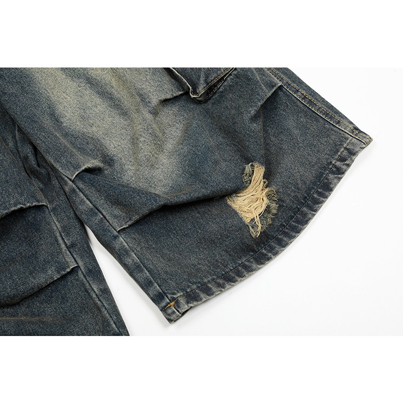 Pantaloncini cargo in denim multitasche American Vintage Washed da uomo 2026, pantaloni capri casual 7/7 plissettati e drappeggiati._voghion.com