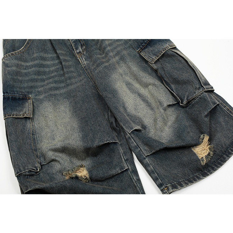 Pantaloncini cargo in denim vintage da uomo con tasche multi_voghion.com