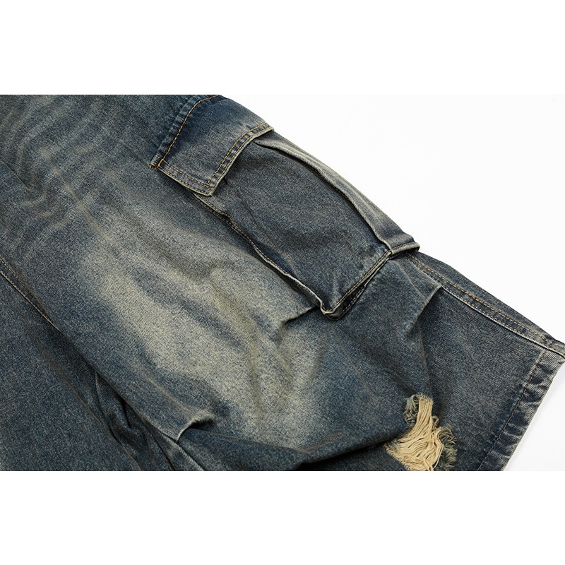 Pantaloncini cargo in denim multitasche American Vintage Washed da uomo 2026, pantaloni capri casual 7/7 plissettati e drappeggiati._voghion.com