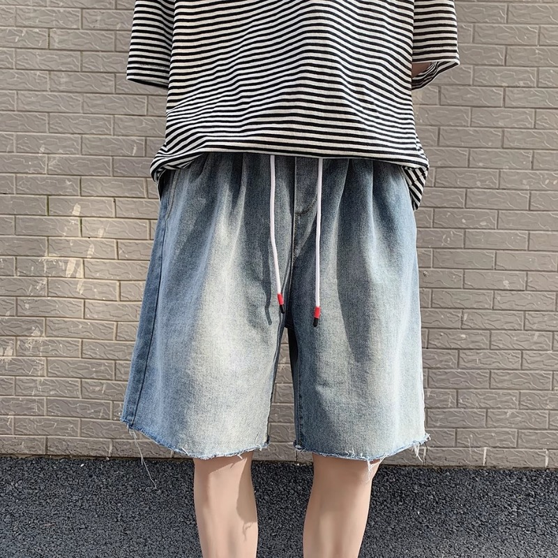 Hong Kong Style Retro Denim Shorts Men's Trendy Brand Loose Straight Internet Celebrity 5 Points Pants Ins Versatile Elastic Waist Dad Pants_mkmklike.com