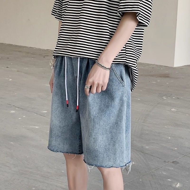 Hong Kong Style Retro Denim Shorts Men's Trendy Brand Loose Straight Internet Celebrity 5 Points Pants Ins Versatile Elastic Waist Dad Pants_mkmklike.com