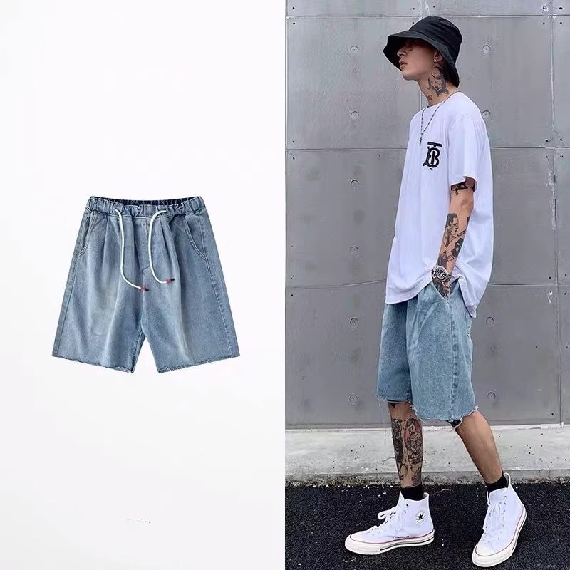 Hong Kong Style Retro Denim Shorts Men's Trendy Brand Loose Straight Internet Celebrity 5 Points Pants Ins Versatile Elastic Waist Dad Pants_mkmklike.com