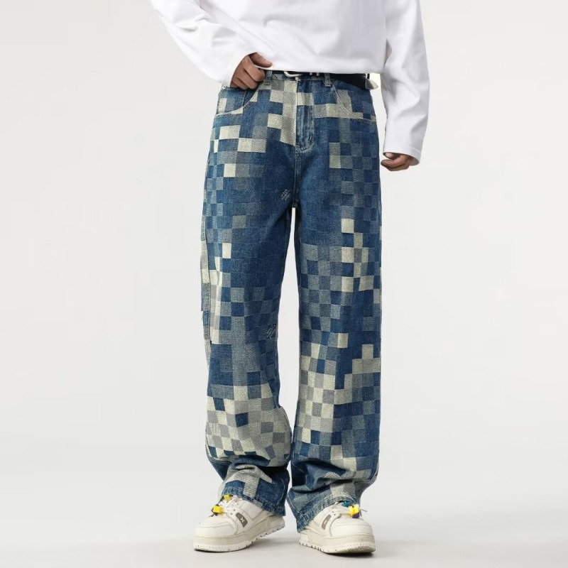 Men's Autumn Mosaic Plaid Check Jeans, American High Street Loose Straight Wide Leg Trendy Personality Denim Pants_mkmklike.com
