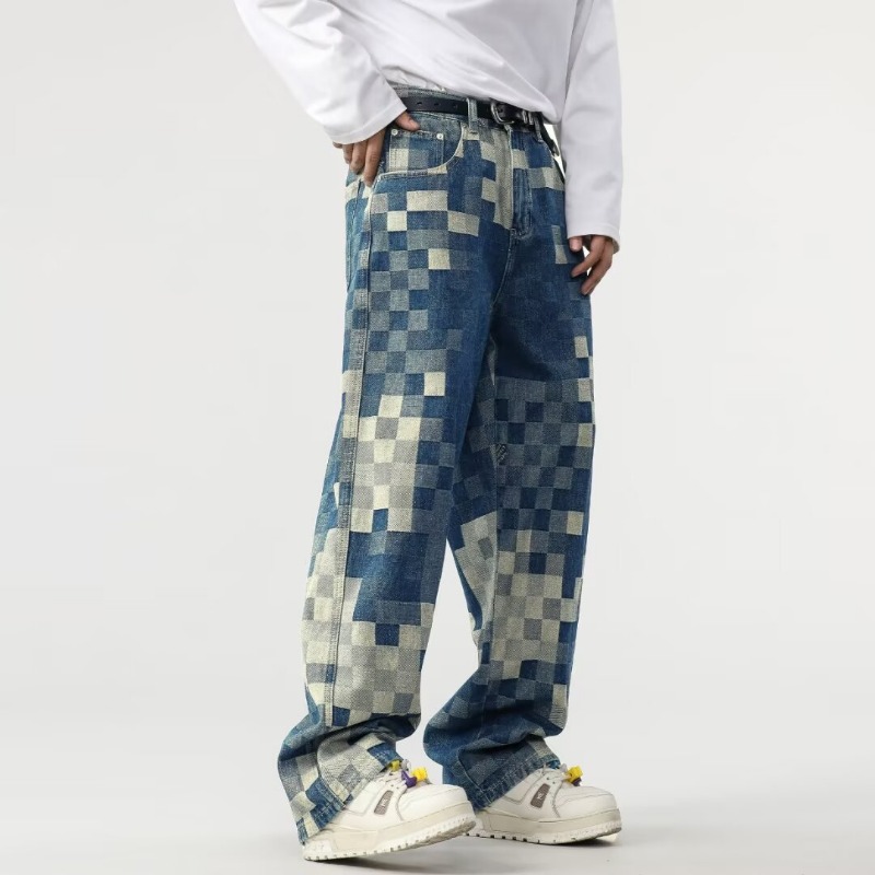 Men's Autumn Mosaic Plaid Check Jeans, American High Street Loose Straight Wide Leg Trendy Personality Denim Pants_mkmklike.com