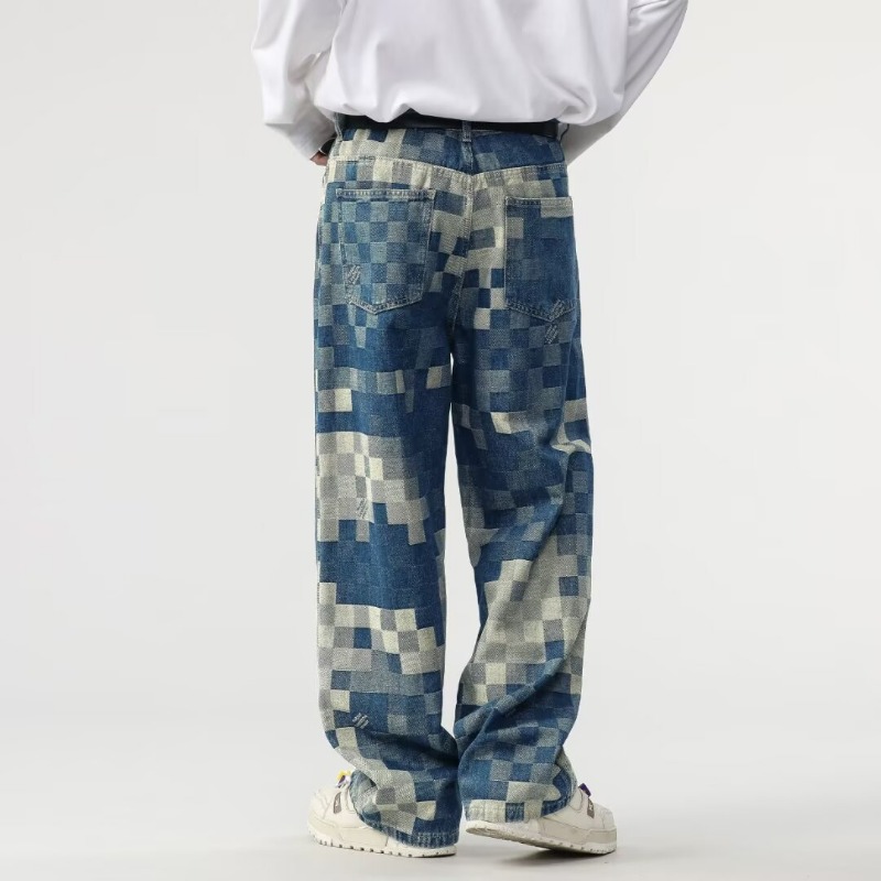 Men's Autumn Mosaic Plaid Check Jeans, American High Street Loose Straight Wide Leg Trendy Personality Denim Pants_mkmklike.com