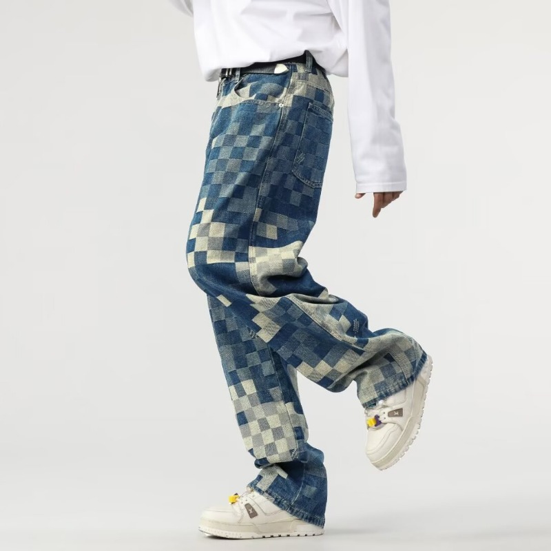 Men's Autumn Mosaic Plaid Check Jeans, American High Street Loose Straight Wide Leg Trendy Personality Denim Pants_mkmklike.com