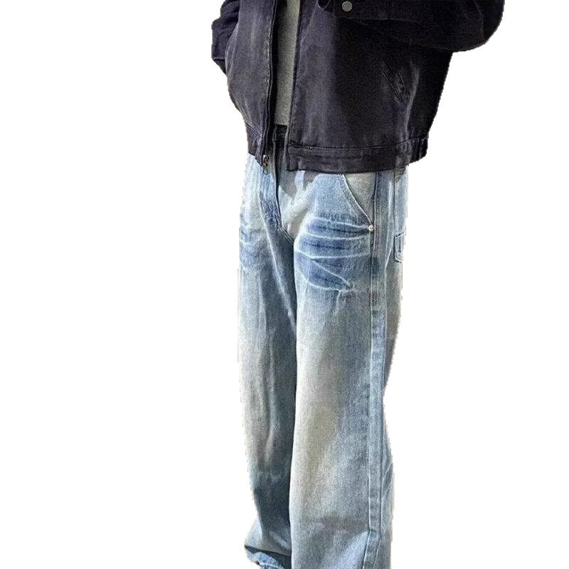 Washed Blue Straight-leg Jeans, Men's Spring And Autumn American High Street Vibe Pants, Cleanfit, Scimitar Bootcut Trousers_mkmklike.com