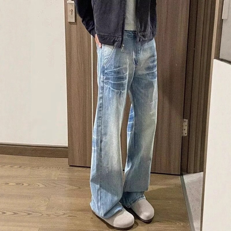 Washed Blue Straight-leg Jeans, Men's Spring And Autumn American High Street Vibe Pants, Cleanfit, Scimitar Bootcut Trousers_mkmklike.com