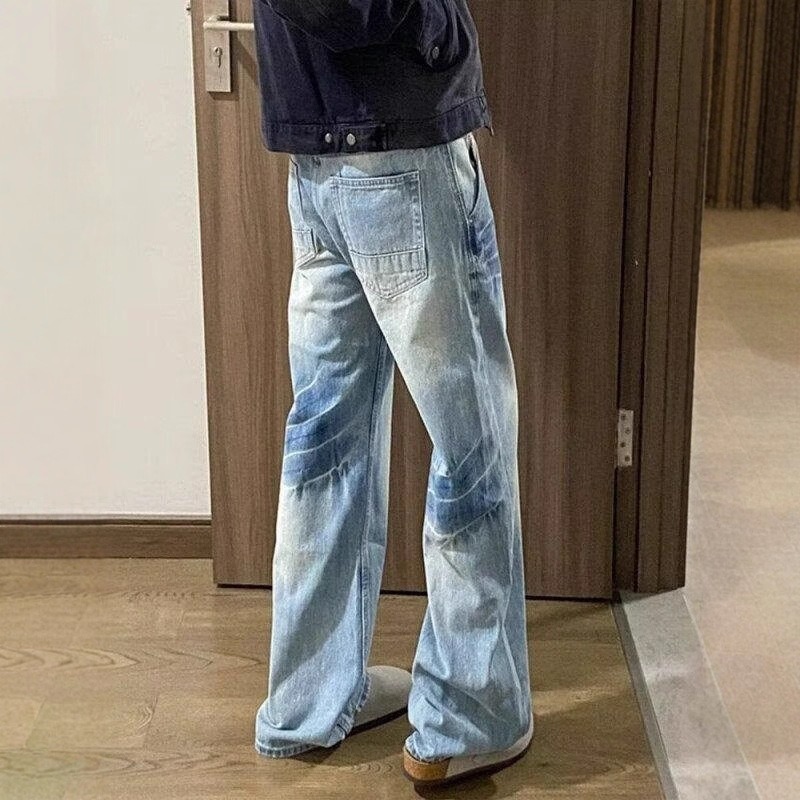 Washed Blue Straight-leg Jeans, Men's Spring And Autumn American High Street Vibe Pants, Cleanfit, Scimitar Bootcut Trousers_mkmklike.com