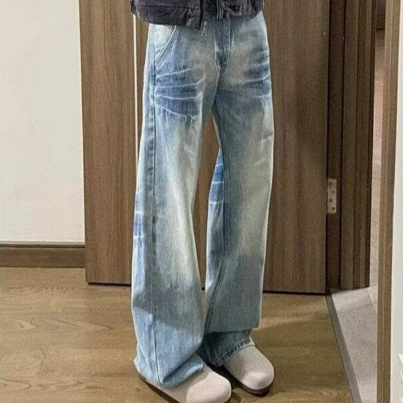 Washed Blue Straight-leg Jeans, Men's Spring And Autumn American High Street Vibe Pants, Cleanfit, Scimitar Bootcut Trousers_mkmklike.com