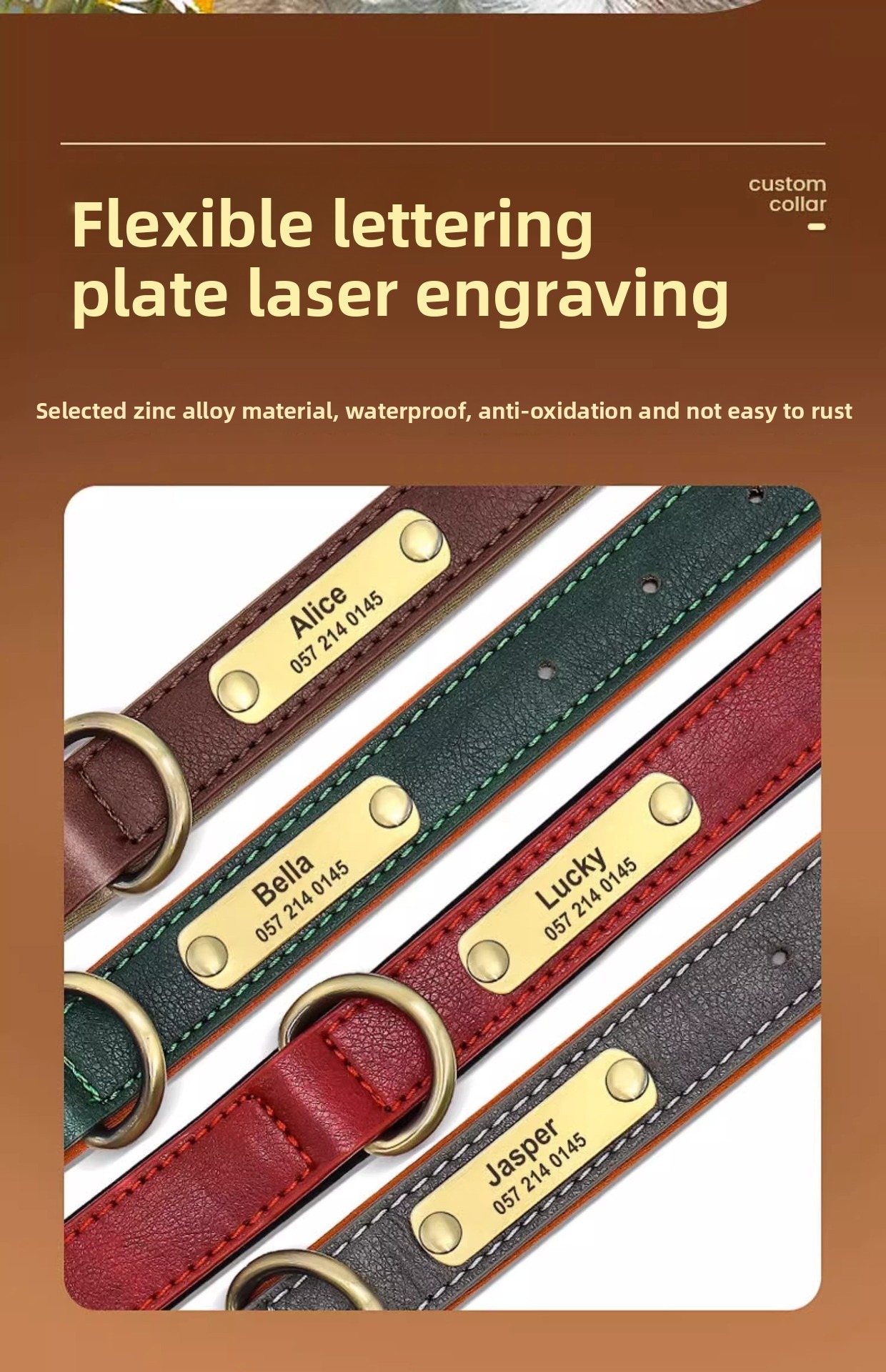 Coleira de couro para cão personalizada com placa de identificação_voghion.com