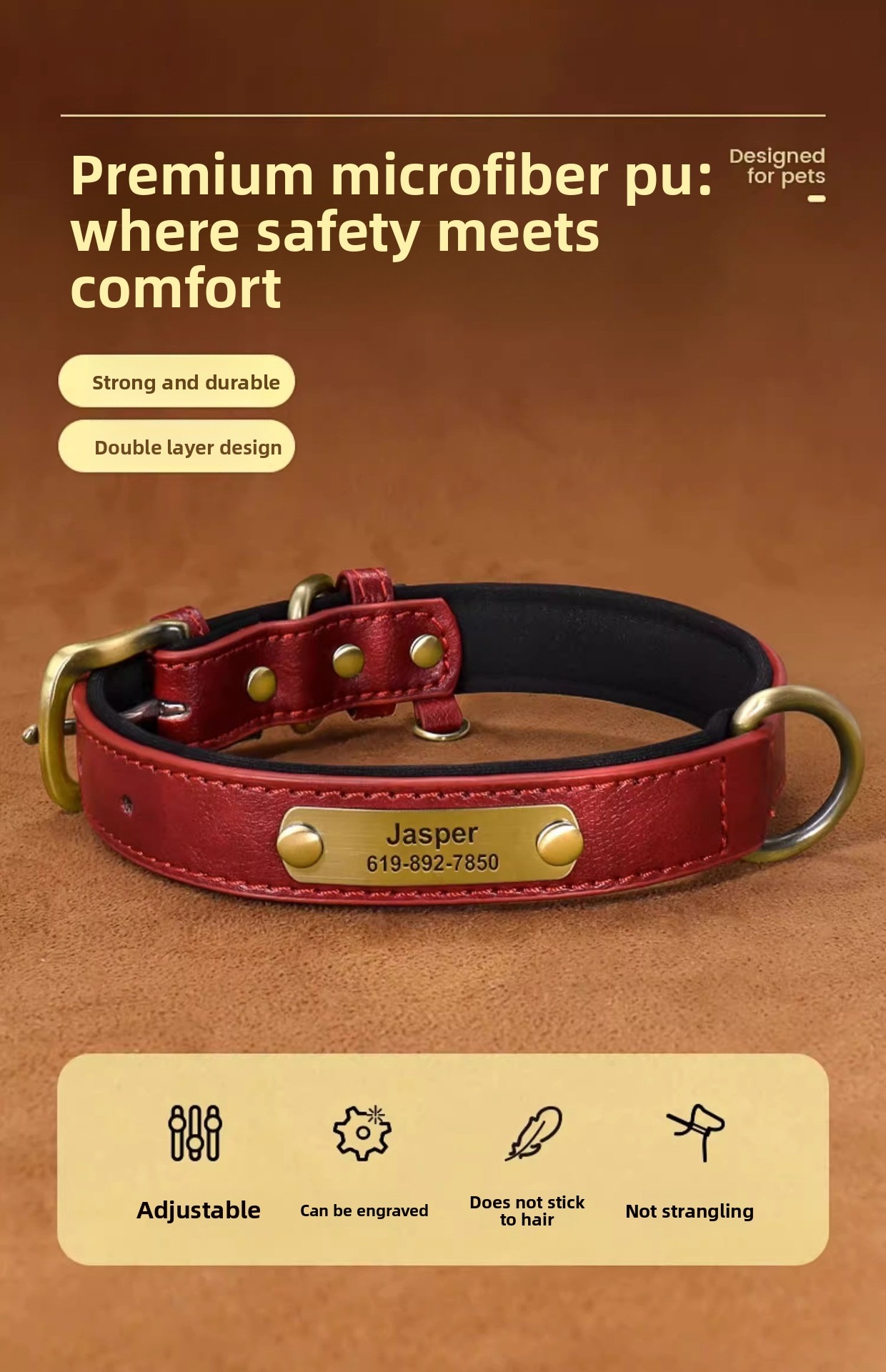 Coleira de couro para cão personalizada com placa de identificação_voghion.com