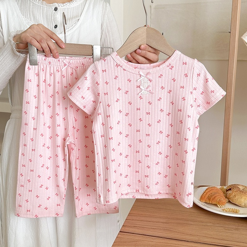Ensemble de vêtements d'intérieur en pur coton pour enfants, pyjama bébé à manches courtes, été, fille, fin, peut être porté à l'extérieur_voghion.com