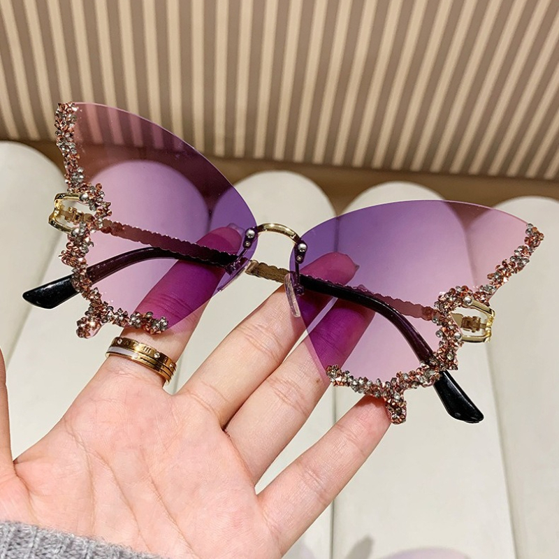 Óculos de sol borboleta sem aro com diamantes para mulheres_voghion.com