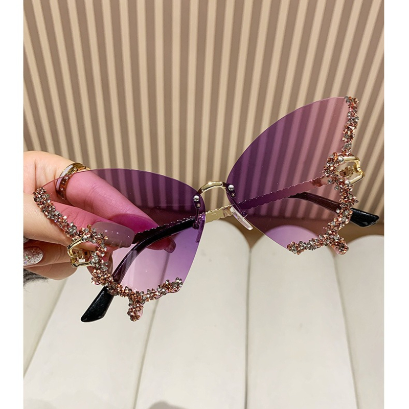 Óculos de sol borboleta sem aro com diamantes para mulheres_voghion.com