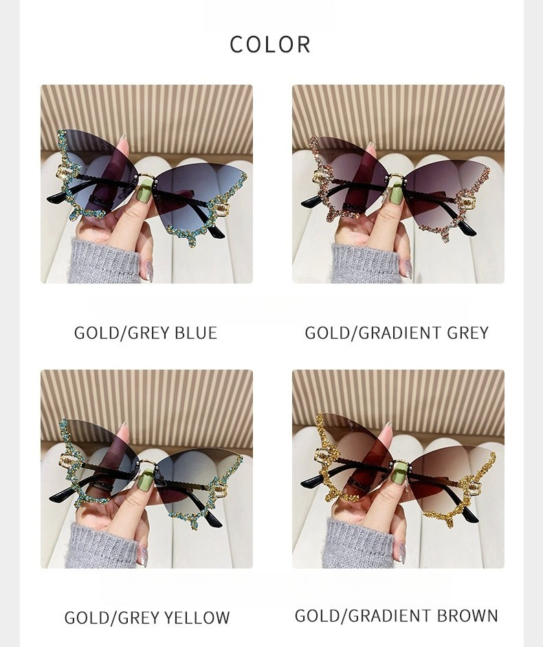 Óculos de sol borboleta sem aro com diamantes para mulheres_voghion.com