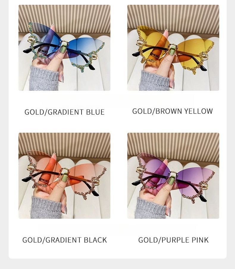 Óculos de sol borboleta sem aro com diamantes para mulheres_voghion.com