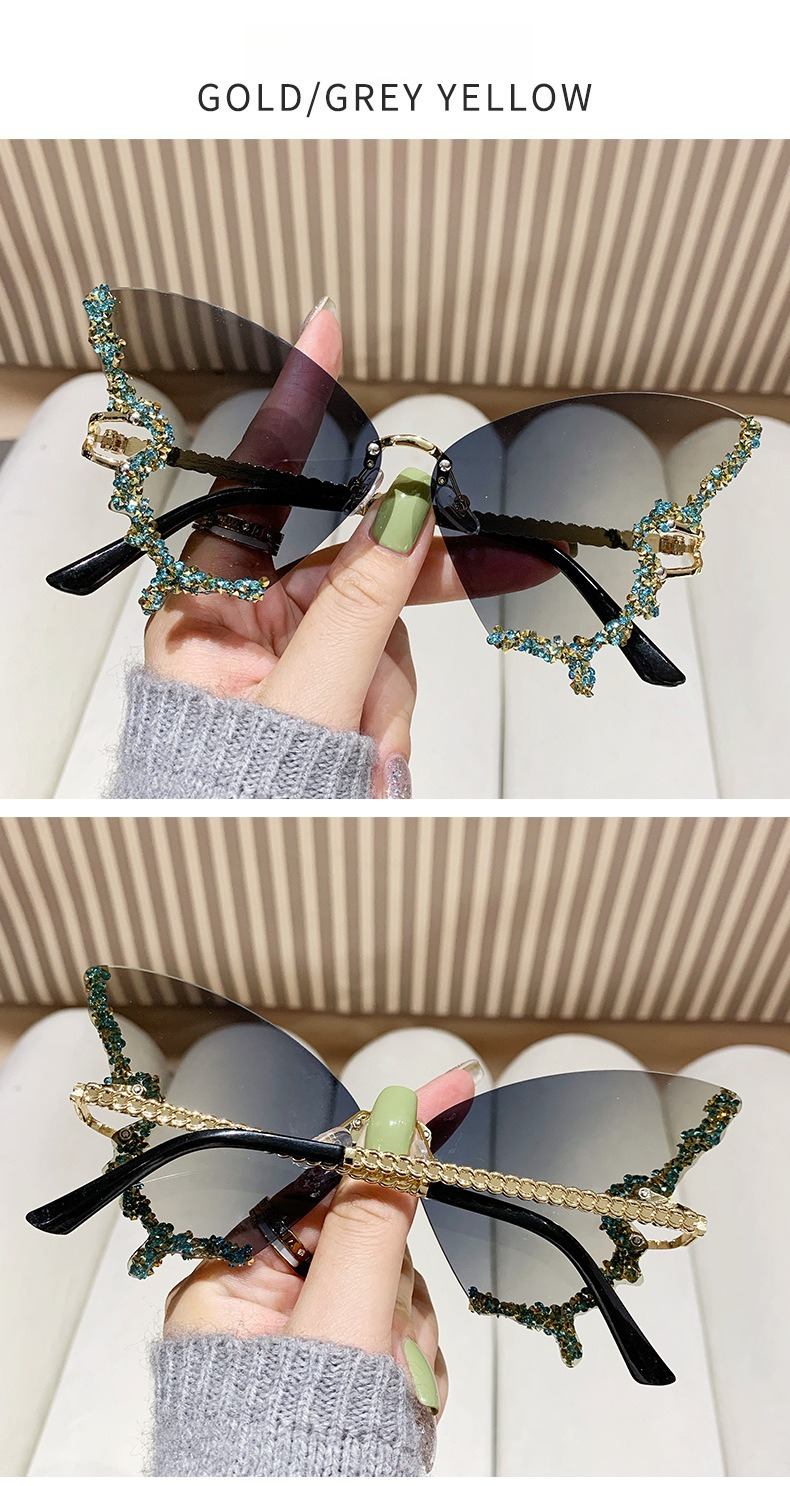 Óculos de sol borboleta sem aro com diamantes para mulheres_voghion.com