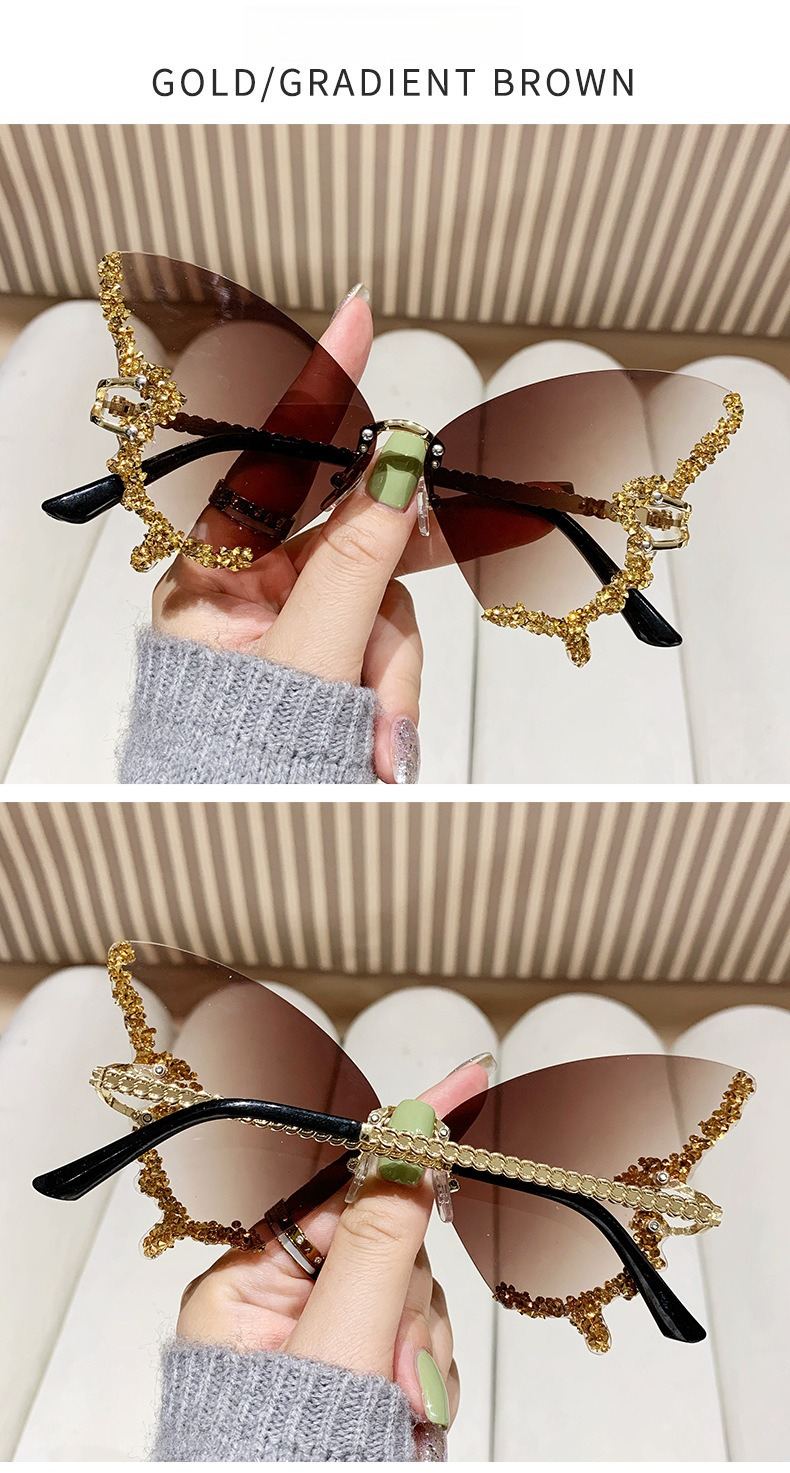 Óculos de sol borboleta sem aro com diamantes para mulheres_voghion.com