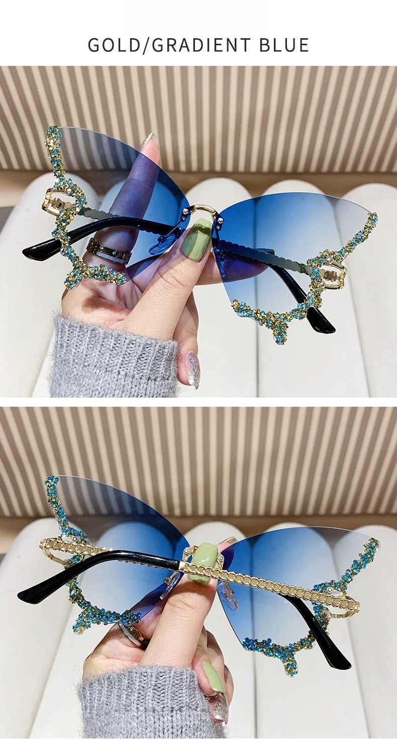 Óculos de sol borboleta sem aro com diamantes para mulheres_voghion.com