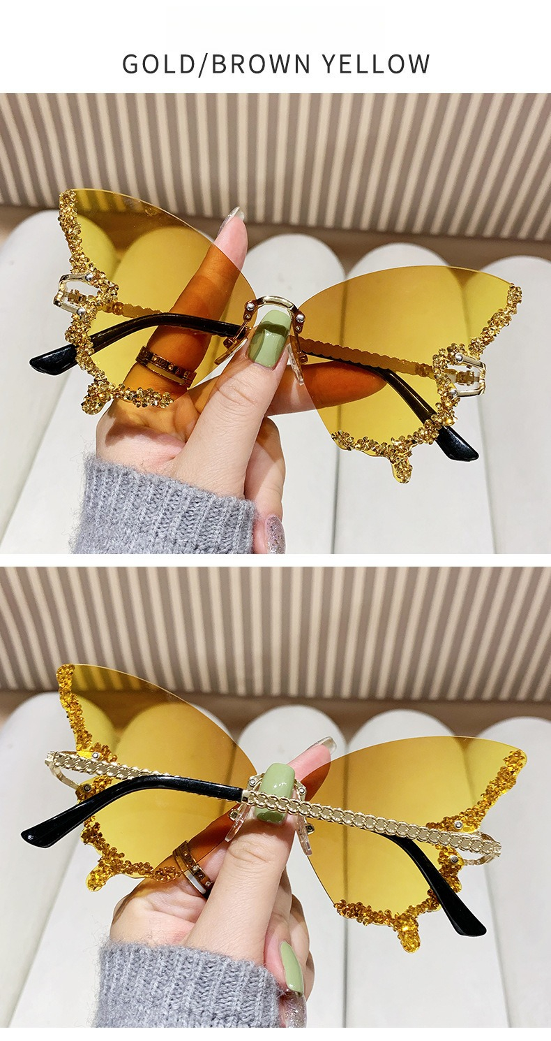 Óculos de sol borboleta sem aro com diamantes para mulheres_voghion.com