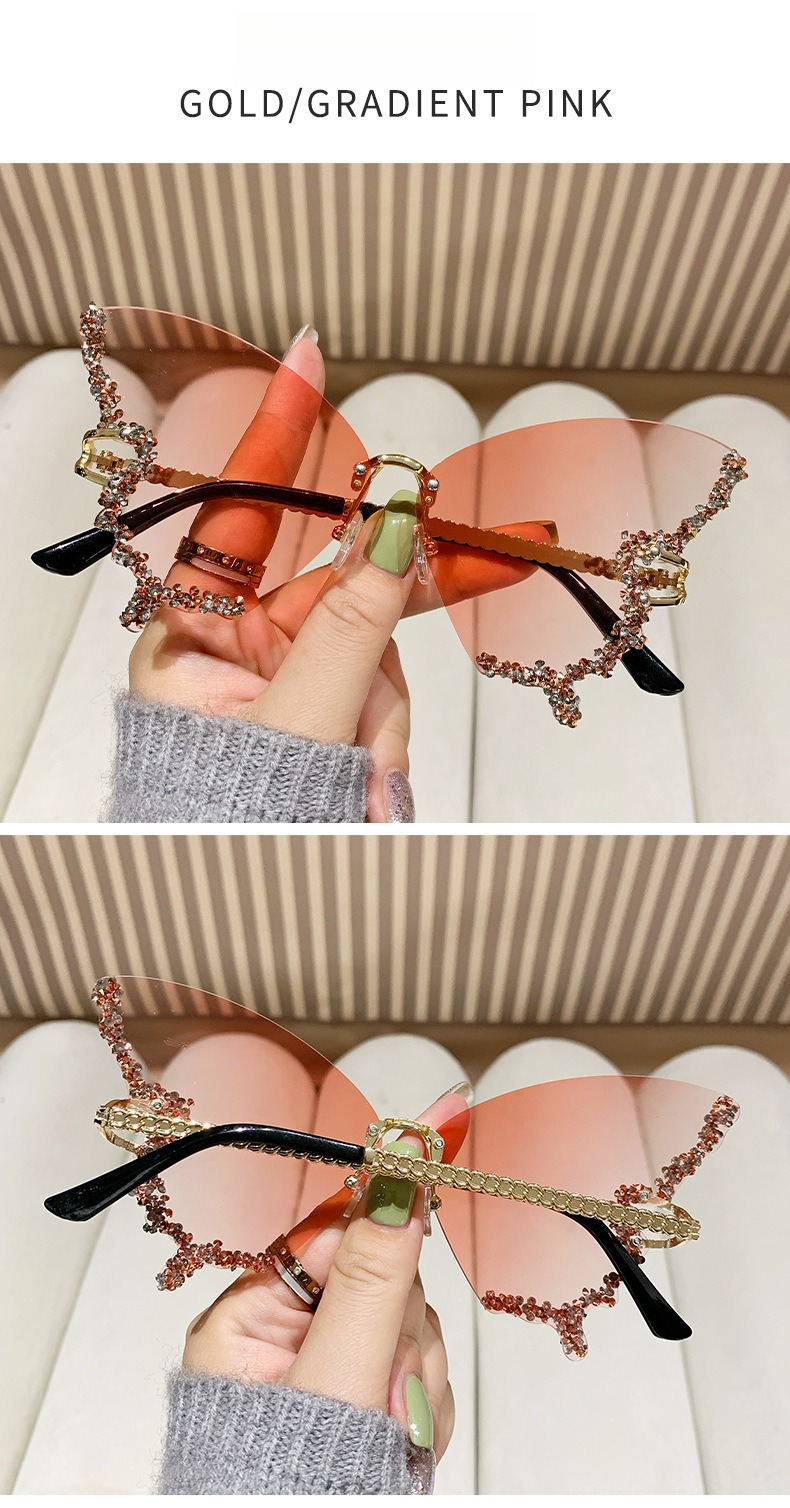 Óculos de sol borboleta sem aro com diamantes para mulheres_voghion.com