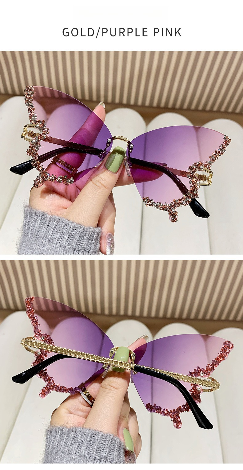 Óculos de sol borboleta sem aro com diamantes para mulheres_voghion.com