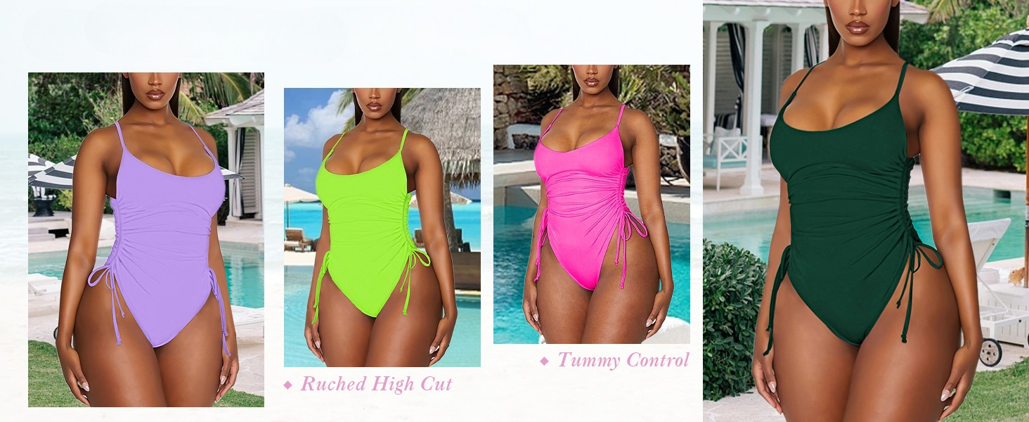 Ruched High Cut One Piece Swimsuit Tummy Control Bathing Suit Monokini