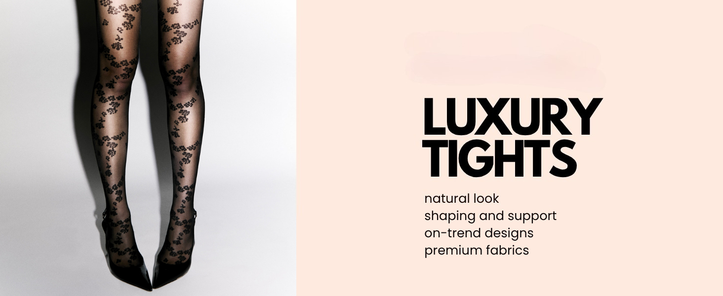 sheer floral pattern tights worn by a woman standing in heels with premium knit and shaping support