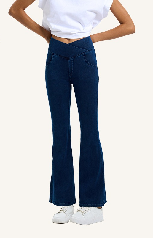Spring/Summer New Cross Waist Jeans For Women, High Elasticity, Hip Lifting, Double Pockets, Sports Outerwear, Yoga, Fitness, Bellbottom Pants_ecoleips.com