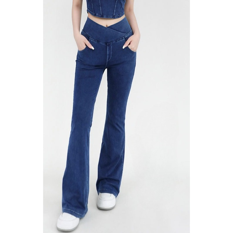 Spring/Summer New Cross Waist Jeans For Women, High Elasticity, Hip Lifting, Double Pockets, Sports Outerwear, Yoga, Fitness, Bellbottom Pants_ecoleips.com