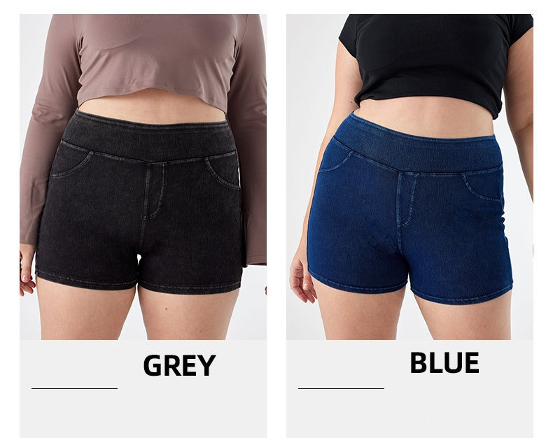 Large Yoga Denim Shorts For Women, High Stretch, Tight Fitting, Plus Fat, Large Double Pocket Casual Fitness Pants_ecoleips.com