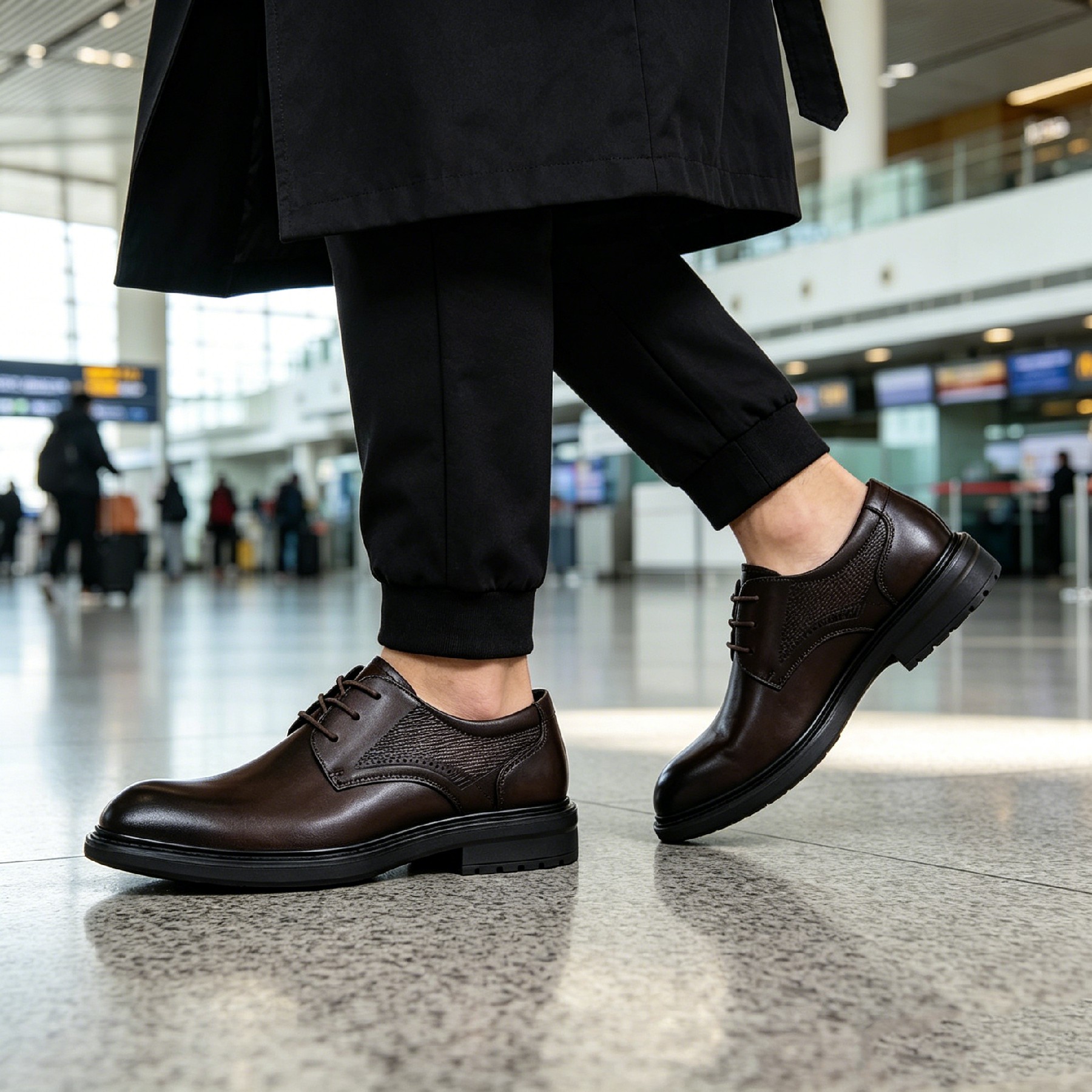Men’s Dark Brown Perforated Leather Derby Shoes, Comfort Thick Sole Business Formal Dress Shoes_voghion.com