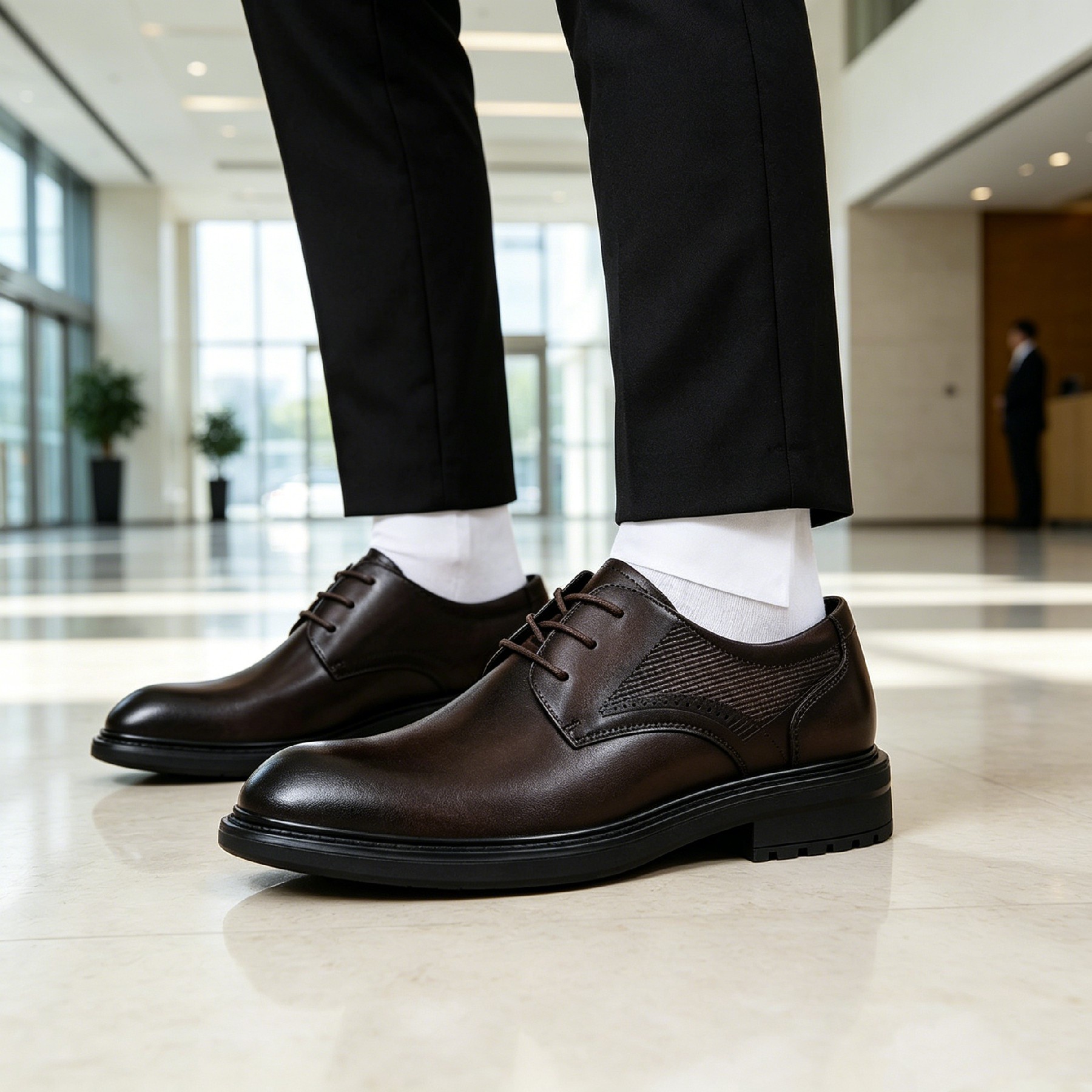 Men’s Dark Brown Perforated Leather Derby Shoes, Comfort Thick Sole Business Formal Dress Shoes_voghion.com
