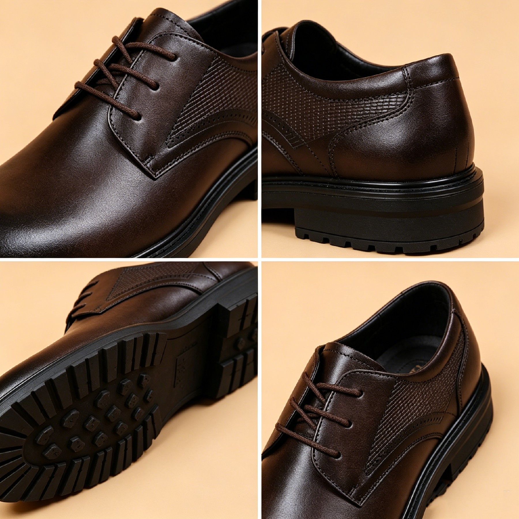 Men's Dark Brown Perforated Leather Derby Shoes Formal Dress Shoes_voghion.com