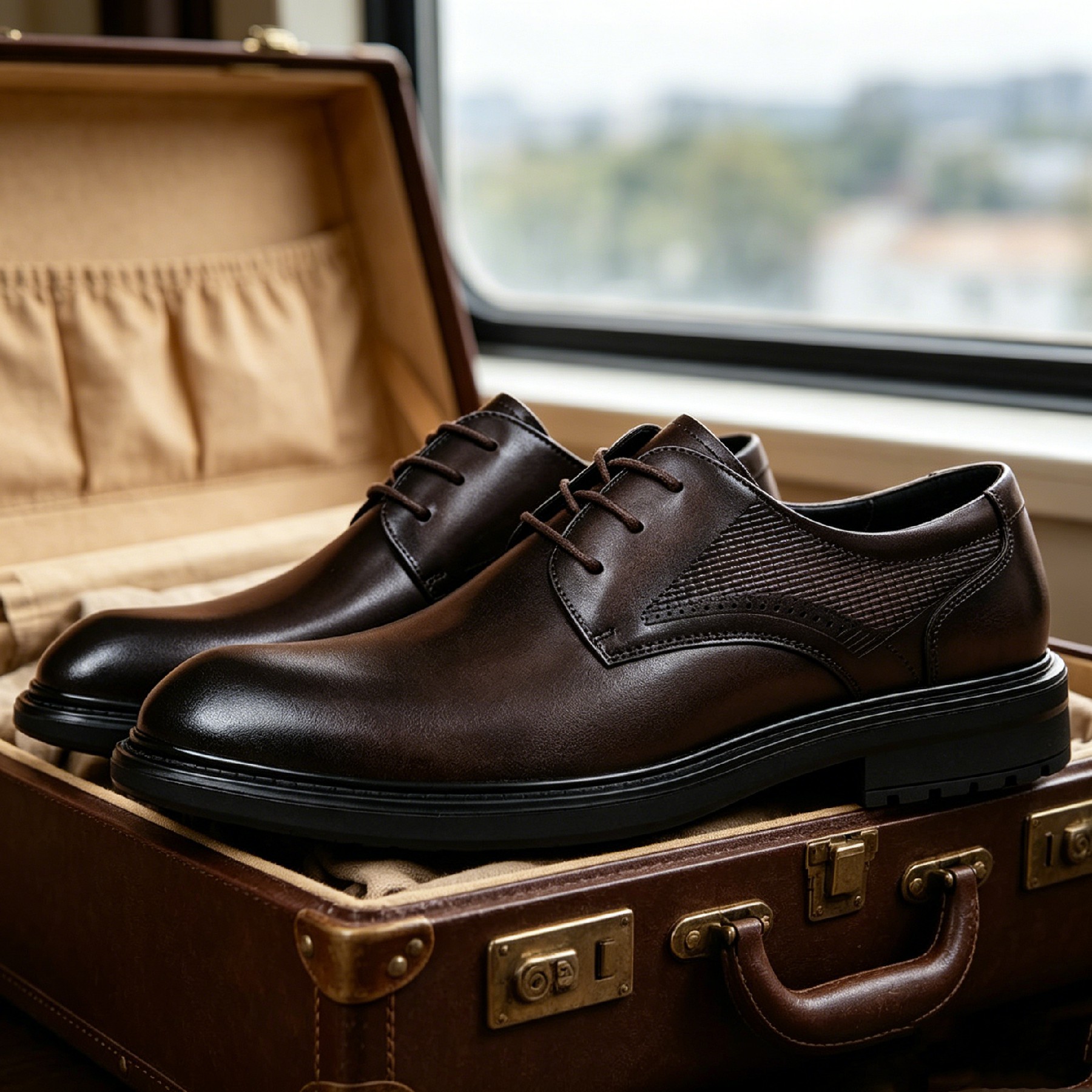 Men's Dark Brown Perforated Leather Derby Shoes Formal Dress Shoes_voghion.com