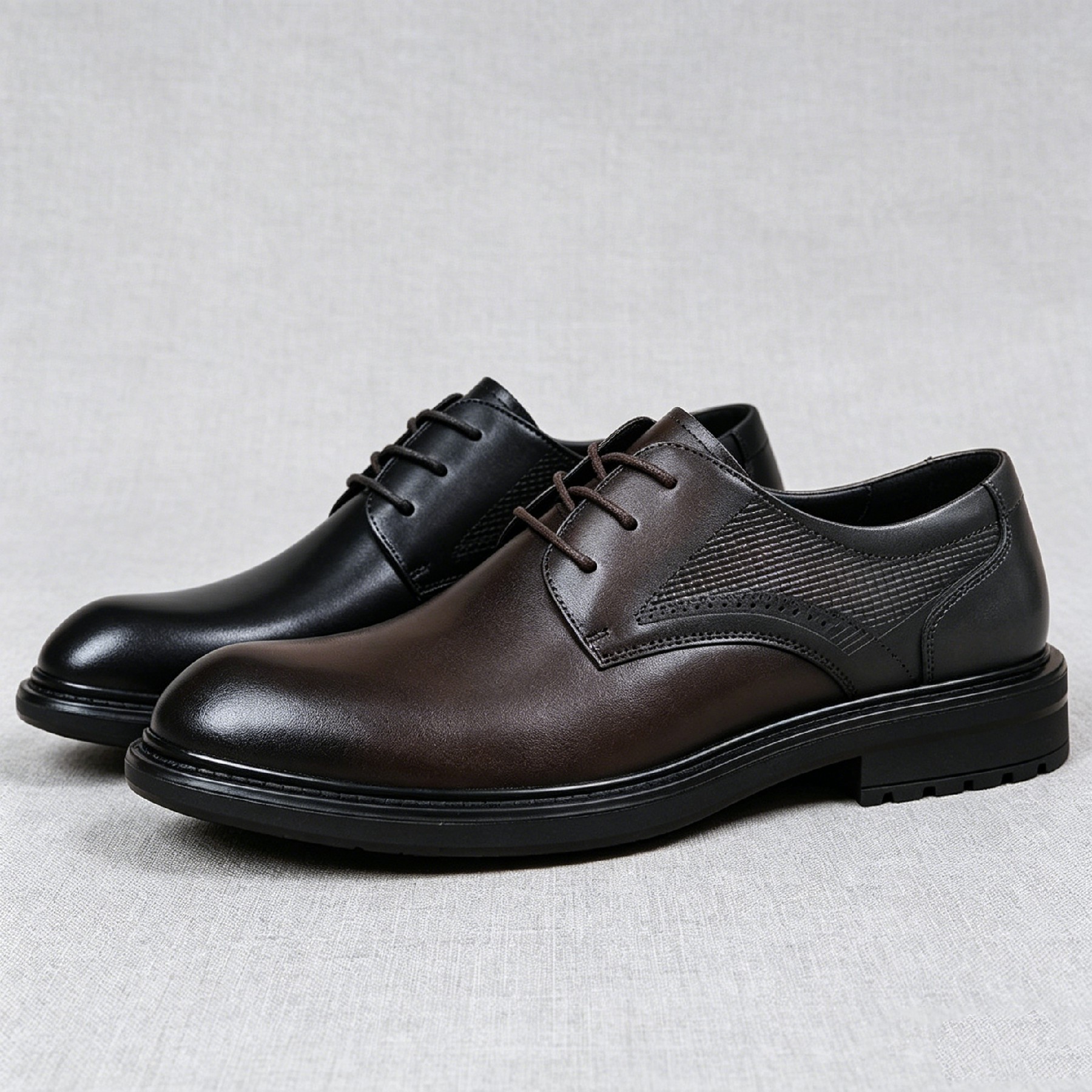 Men's Dark Brown Perforated Leather Derby Shoes Formal Dress Shoes_voghion.com