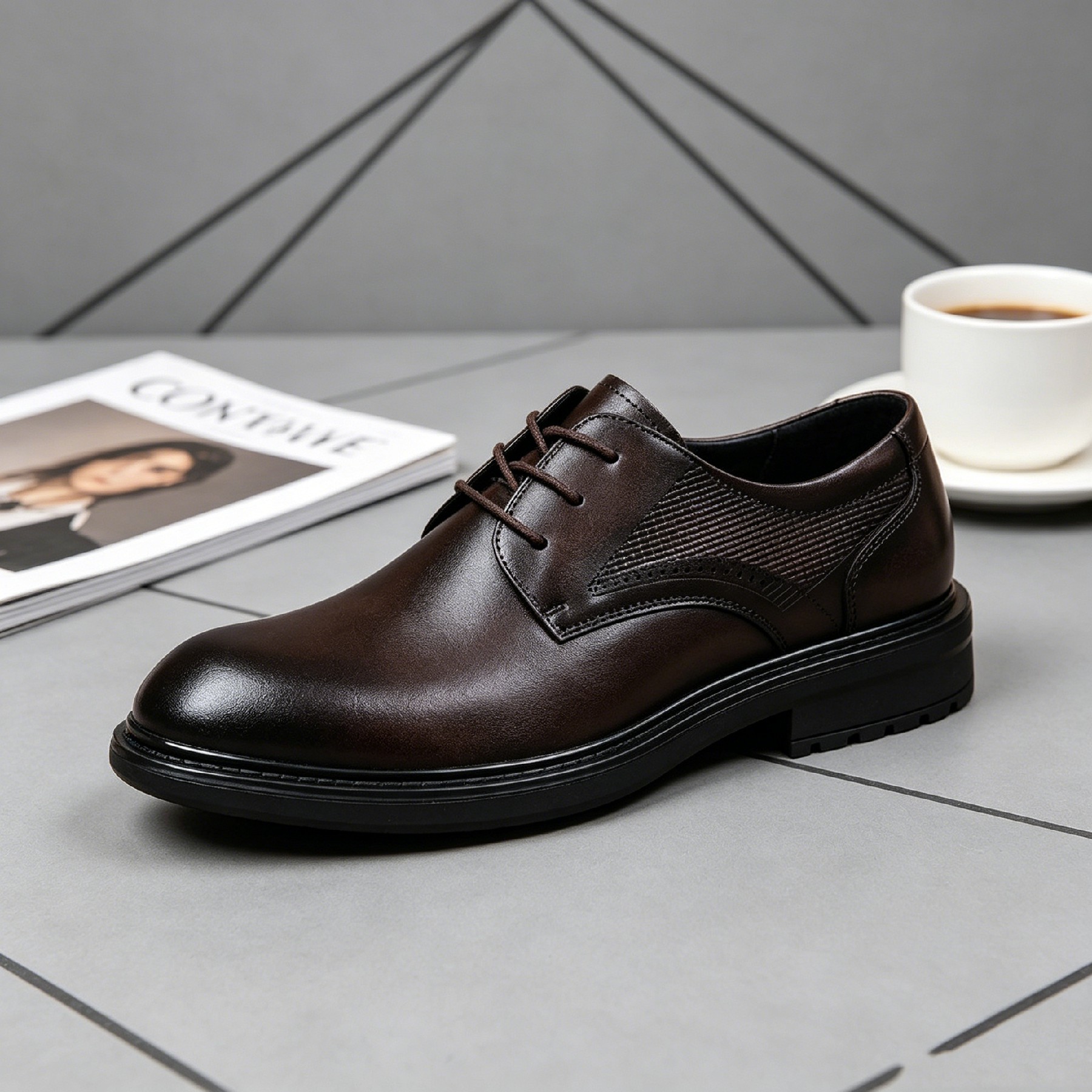Men's Dark Brown Perforated Leather Derby Shoes Formal Dress Shoes_voghion.com
