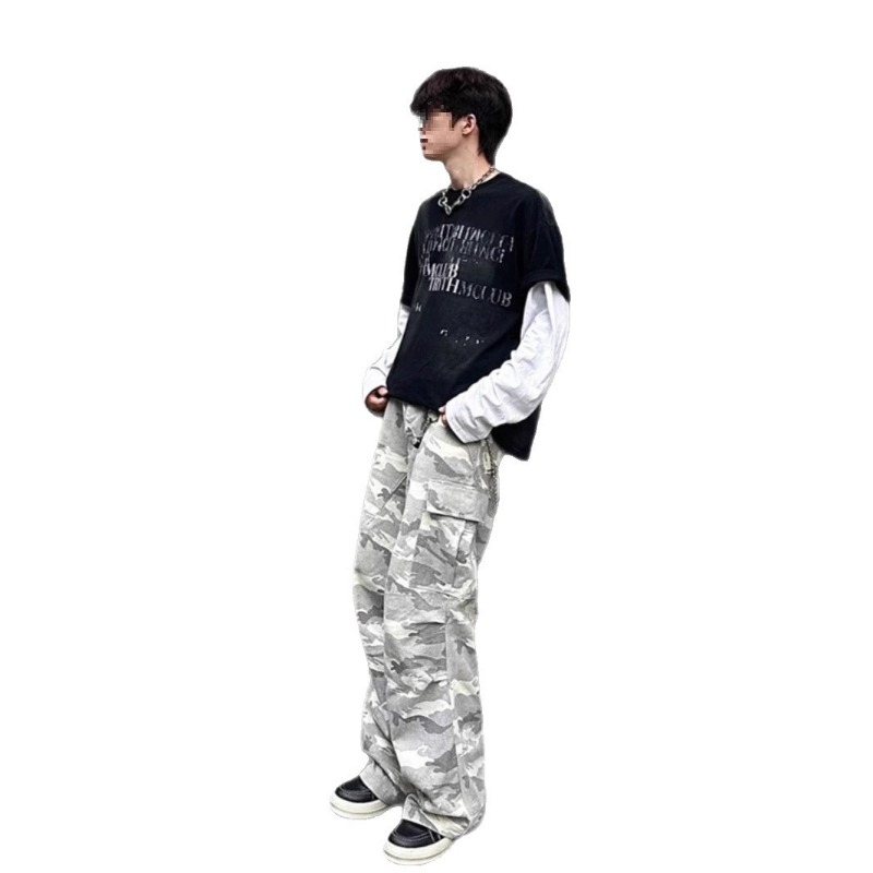 Tide Brand High Street Vibe Straight Casual Pocket Wide Leg Trousers American Light Color Camouflage Ruffian Handsome Versatile Tooling Trousers_viptrois.com