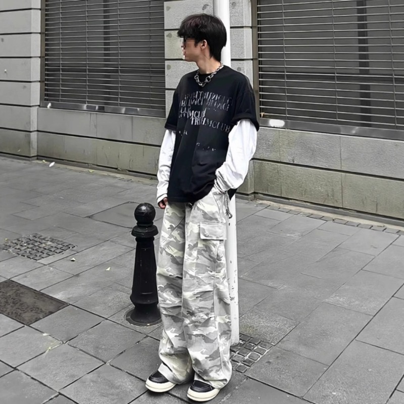 Tide Brand High Street Vibe Straight Casual Pocket Wide Leg Trousers American Light Color Camouflage Ruffian Handsome Versatile Tooling Trousers_viptrois.com