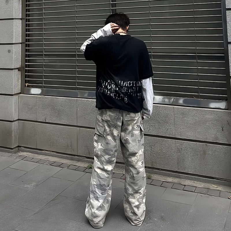 Tide Brand High Street Vibe Straight Casual Pocket Wide Leg Trousers American Light Color Camouflage Ruffian Handsome Versatile Tooling Trousers_viptrois.com