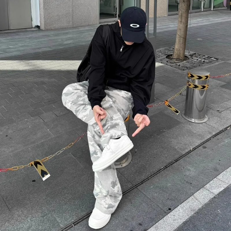Tide Brand High Street Vibe Straight Casual Pocket Wide Leg Trousers American Light Color Camouflage Ruffian Handsome Versatile Tooling Trousers_viptrois.com