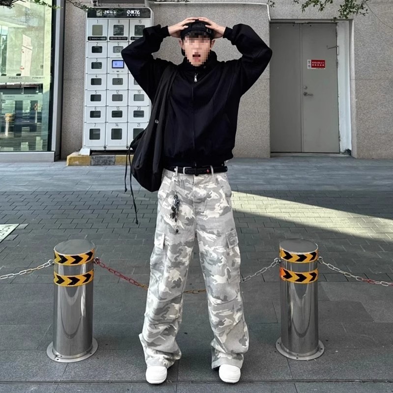 Tide Brand High Street Vibe Straight Casual Pocket Wide Leg Trousers American Light Color Camouflage Ruffian Handsome Versatile Tooling Trousers_viptrois.com
