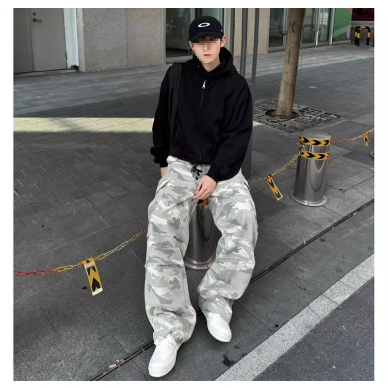 Tide Brand High Street Vibe Straight Casual Pocket Wide Leg Trousers American Light Color Camouflage Ruffian Handsome Versatile Tooling Trousers_viptrois.com