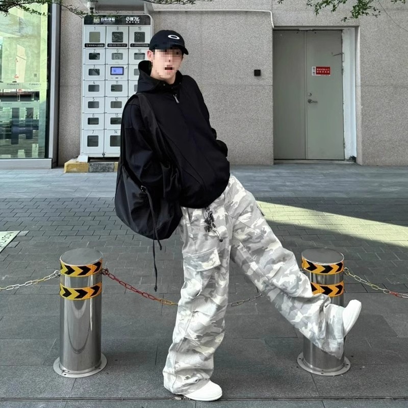 Tide Brand High Street Vibe Straight Casual Pocket Wide Leg Trousers American Light Color Camouflage Ruffian Handsome Versatile Tooling Trousers_viptrois.com