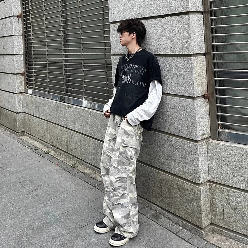 Tide Brand High Street Vibe Straight Casual Pocket Wide Leg Trousers American Light Color Camouflage Ruffian Handsome Versatile Tooling Trousers_viptrois.com