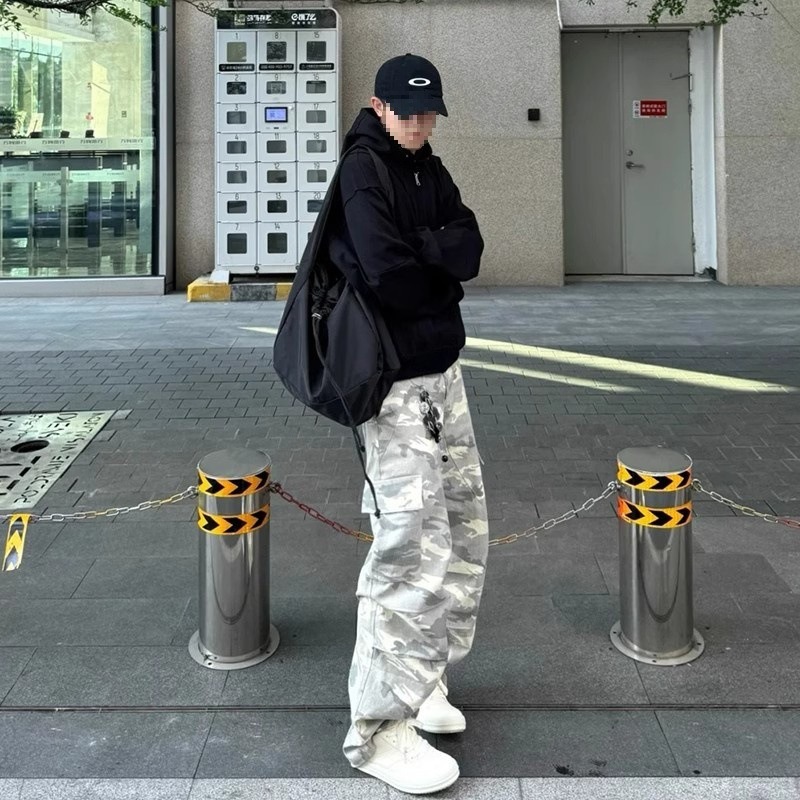 Tide Brand High Street Vibe Straight Casual Pocket Wide Leg Trousers American Light Color Camouflage Ruffian Handsome Versatile Tooling Trousers_viptrois.com