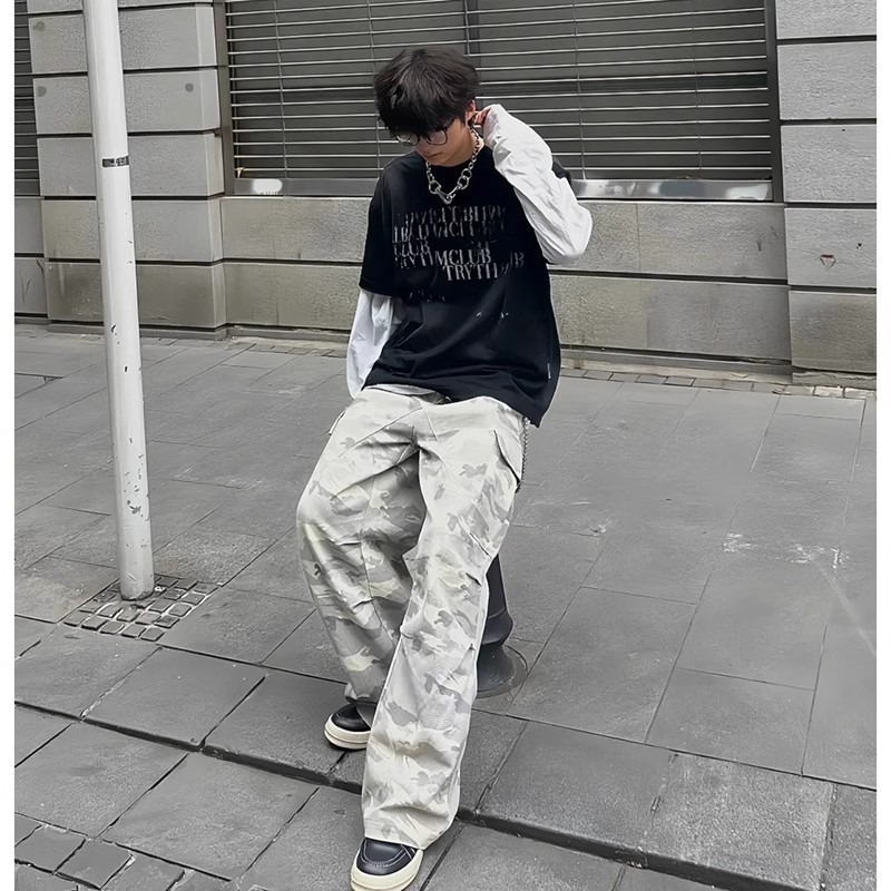 Tide Brand High Street Vibe Straight Casual Pocket Wide Leg Trousers American Light Color Camouflage Ruffian Handsome Versatile Tooling Trousers_viptrois.com