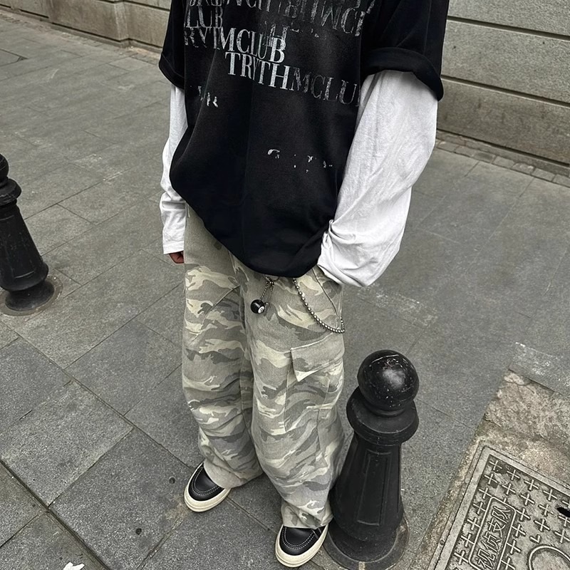 Tide Brand High Street Vibe Straight Casual Pocket Wide Leg Trousers American Light Color Camouflage Ruffian Handsome Versatile Tooling Trousers_viptrois.com