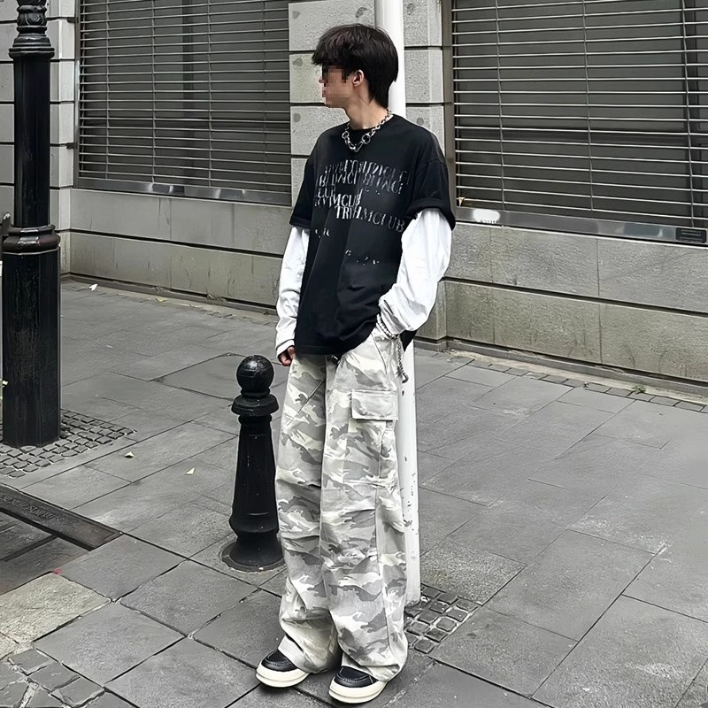 Tide Brand High Street Vibe Straight Casual Pocket Wide Leg Trousers American Light Color Camouflage Ruffian Handsome Versatile Tooling Trousers_viptrois.com